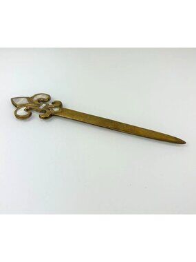 Vintage Brass Fleur-de-lis Mother of Pearl Letter Opener Office Desk French MCM